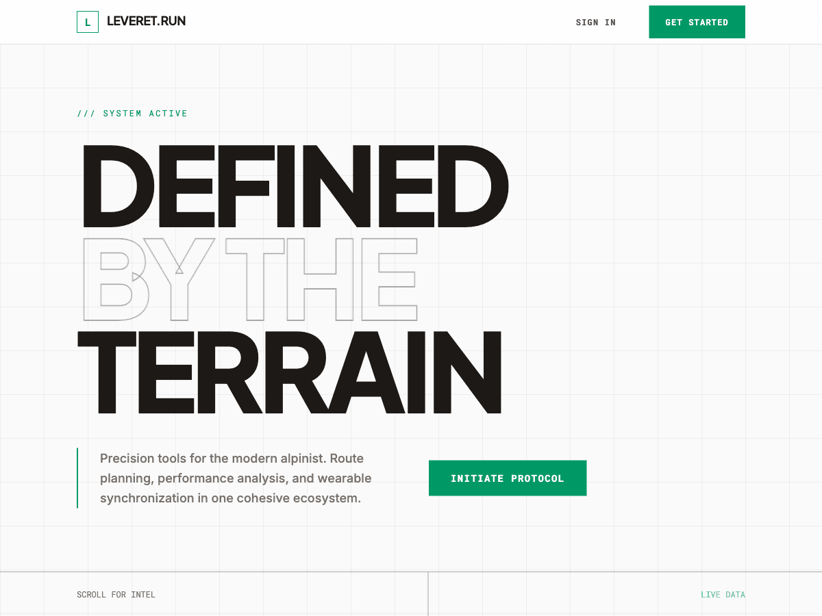 Leveret.run homepage showing dramatic typography and trail running focus