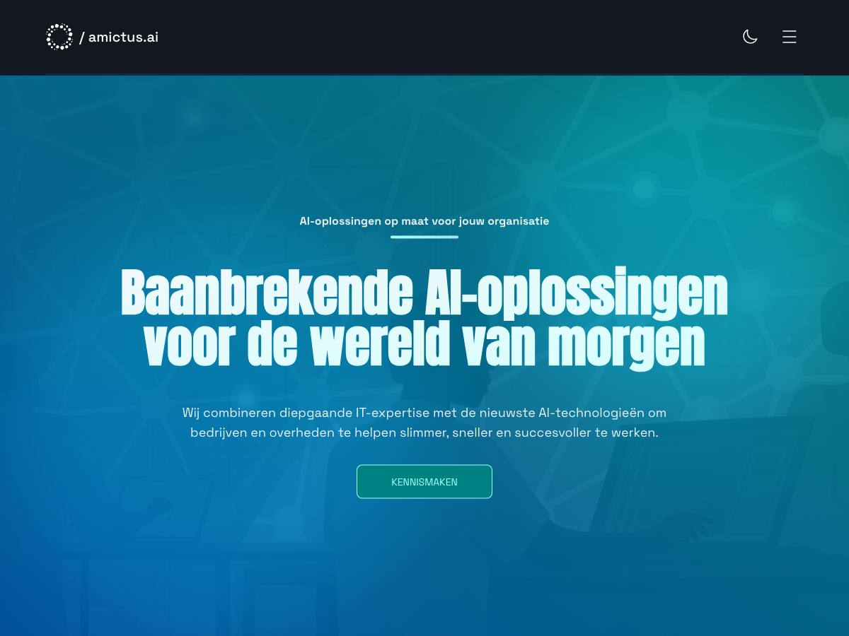 Amictus.ai homepage with gradient background and AI solutions tagline